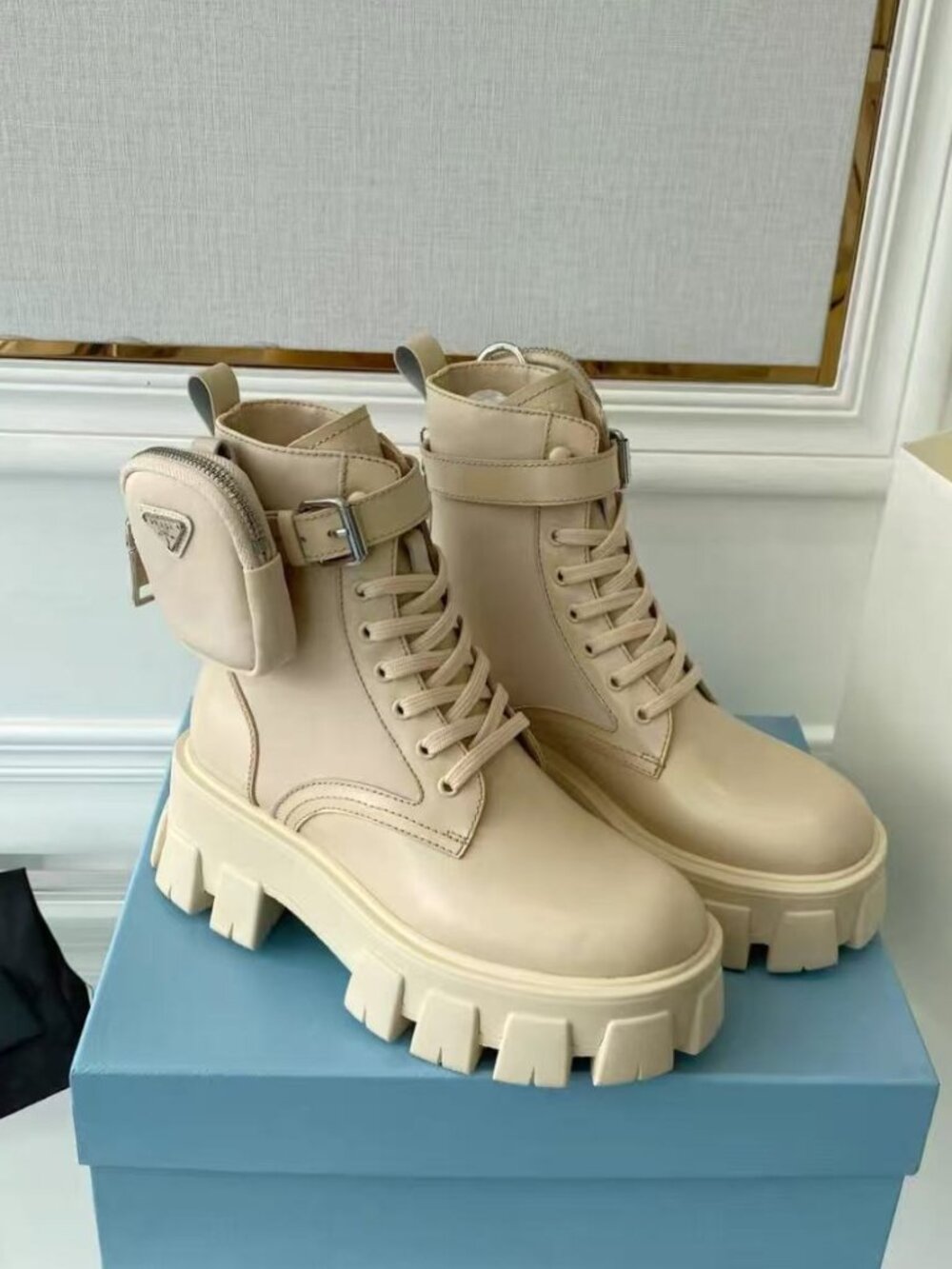 Prada Beige Leather Pocket Combat Boots